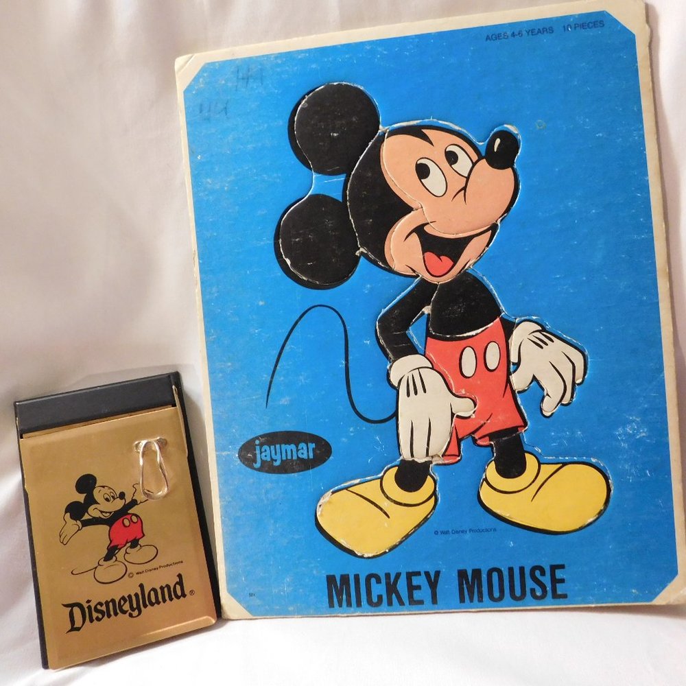 Vintage Walt Disney Mickey Mouse Tray Puzzle & Mickey Mouse Disneyland Note Pad